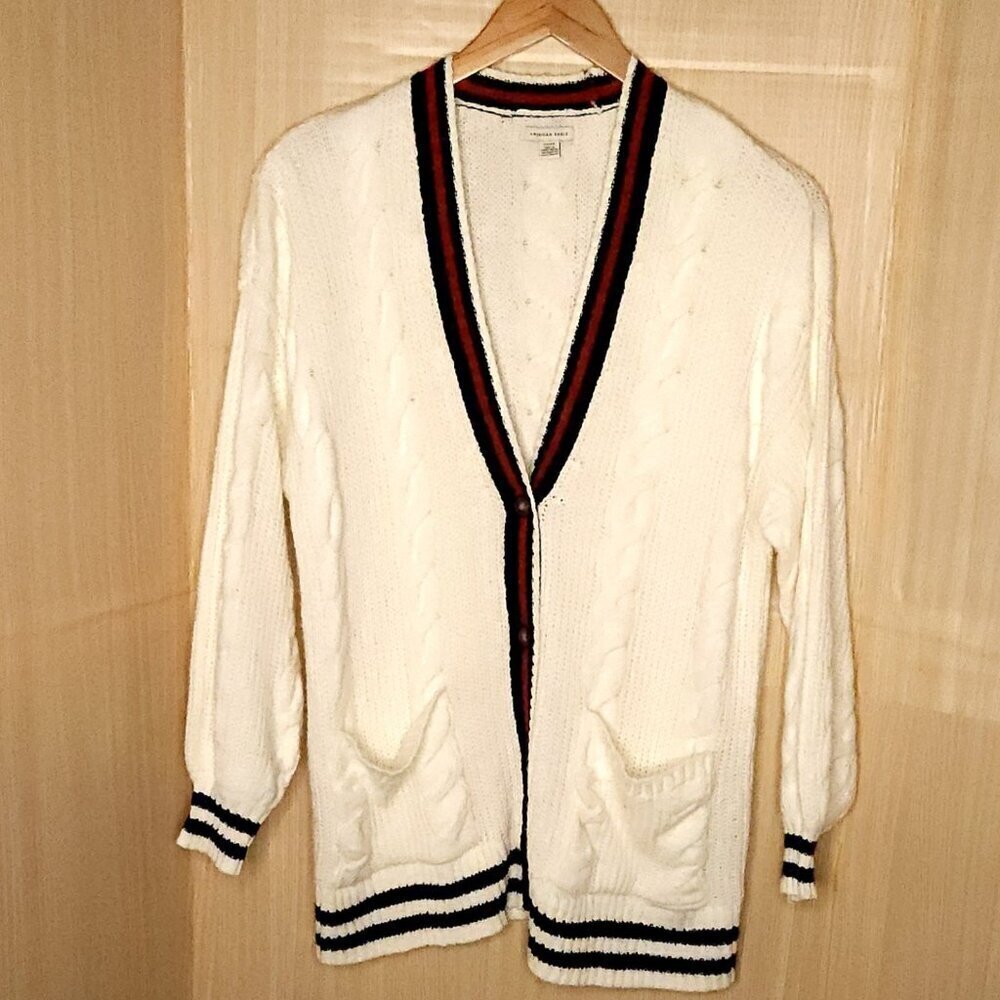 American Eagle Women's White Red Blue Preppy Cardigan Sweater Small